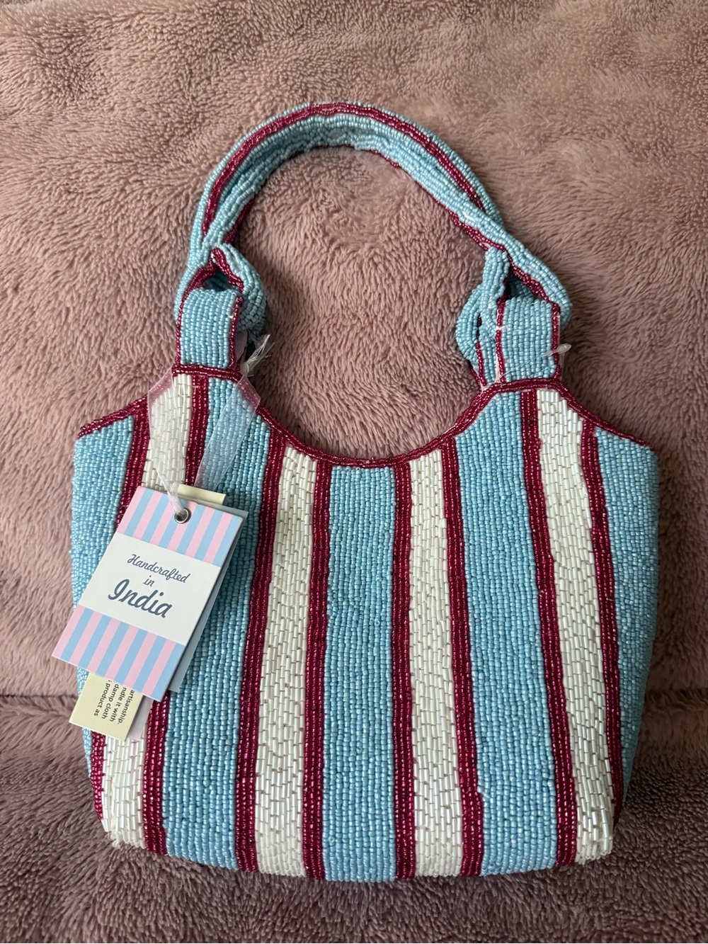 NWT Viral Striped Blue, White & Pink Beaded Tote Shoulder Bag - Picture 7 of 12